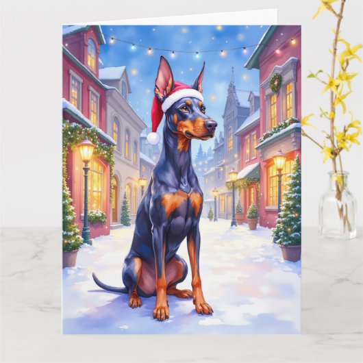 Doberman Pinscher Snowy Village Santa Hat Christma Karte (Gelbe Blume)