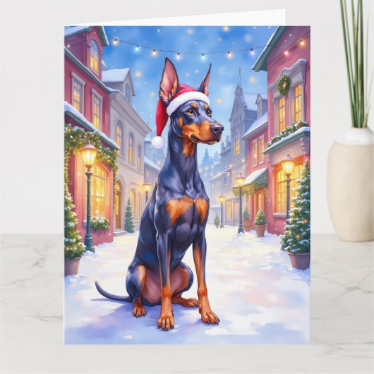 Doberman Pinscher Snowy Village Santa Hat Christma Karte (Vorderseite)