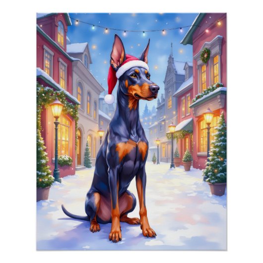Doberman Pinscher Snowy Village Santa Hat Christma Poster (Vorderseite)