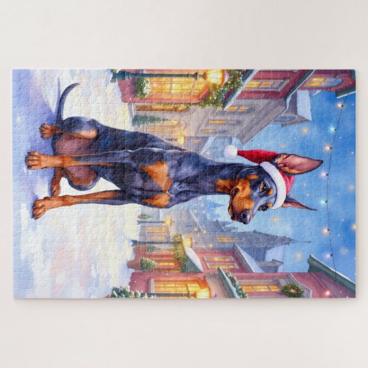 Doberman Pinscher Snowy Village Santa Hat Christma Puzzle (Horizontal)