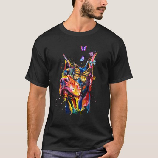 Doberman Pinscher Splash Butterflies Hund T-Shirt (Vorderseite)