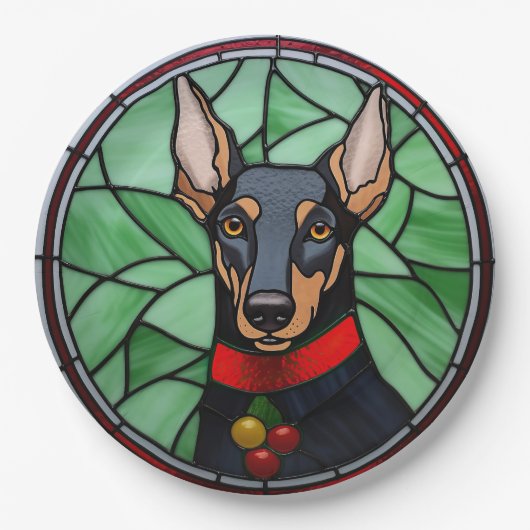Doberman Pinscher Stached Glass Christmas Pappteller (Vorderseite)