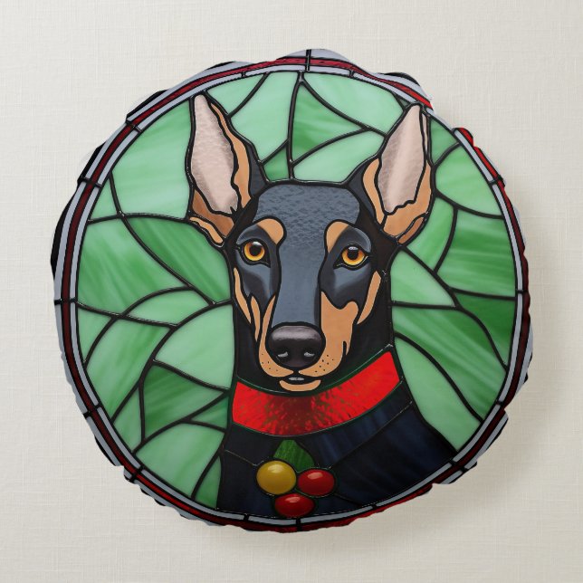 Doberman Pinscher Stached Glass Christmas Rundes Kissen (Rückseite)