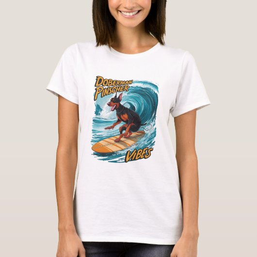 Doberman Pinscher Surfer Riding Tropical Wave T-Shirt (Vorderseite)