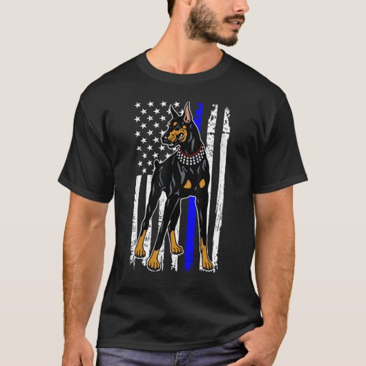 Doberman Pinscher Thin Blue Line America Flag T-Shirt (Vorderseite)