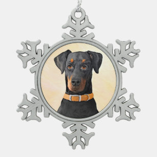Doberman Pinscher Unzugeschnittene Malerei Origina Schneeflocken Zinn-Ornament