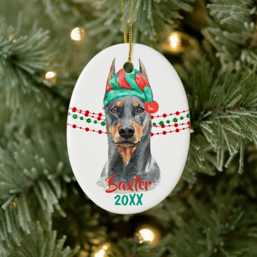 Doberman Pinscher Weihnachtsmannmütze Holiday Stri Keramik Ornament (Baum)