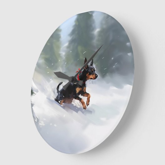 Doberman Pinscher Weihnachtsschnee Winter Große Wanduhr (Winkel)