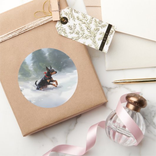 Doberman Pinscher Weihnachtsschnee Winter Runder Aufkleber (Schenken)