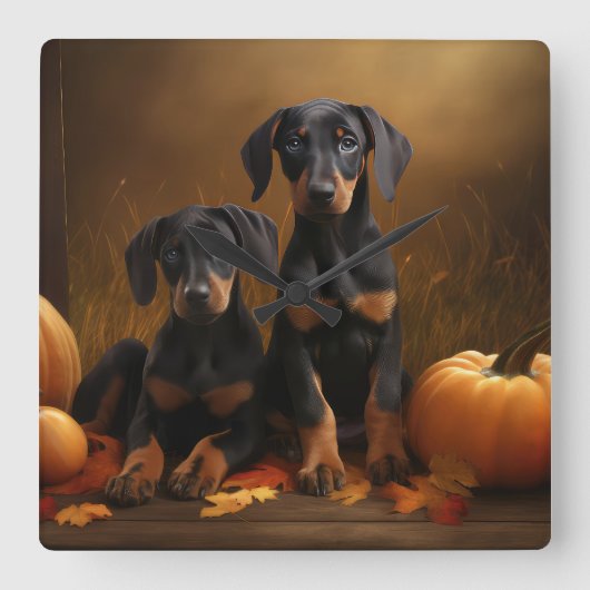 Doberman Puppy Autumn Delight Pumpkin Quadratische Wanduhr (Vorderseite)
