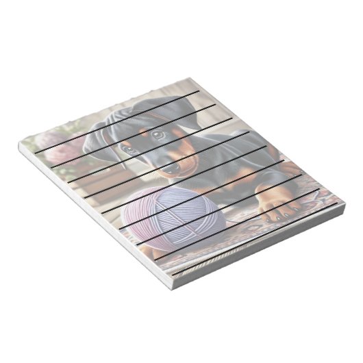 Doberman Puppy mit Garnball auf einem farbenfrohen Notizblock (angewinkelt)