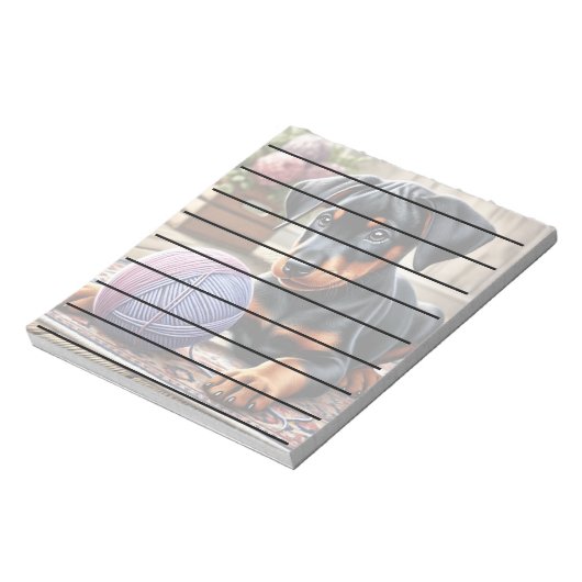 Doberman Puppy mit Garnball auf einem farbenfrohen Notizblock (Rotiert)