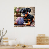 Doberman Puppy mit Garnball auf einem farbenfrohen Poster (Küche)