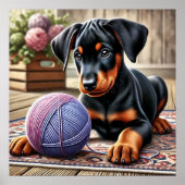 Doberman Puppy mit Garnball auf einem farbenfrohen Poster (Vorne)
