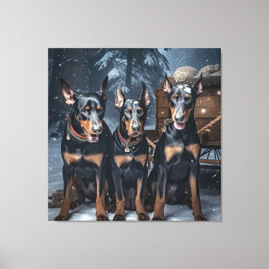 Doberman Snowy Sleigh Weihnachtsdekor Leinwanddruck (Vorderseite)