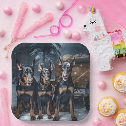 Doberman Snowy Sleigh Weihnachtsdekor Pappteller (Party)