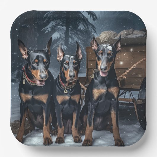 Doberman Snowy Sleigh Weihnachtsdekor Pappteller (Vorderseite)