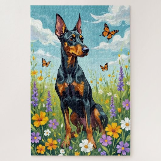Doberman Spring Meadow Floral Dog Puzzle (Vertikal)