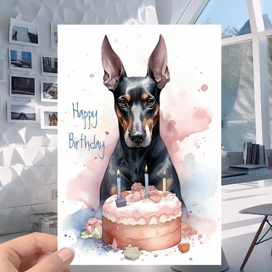 Doberman with Cake - Dog Lovers Happy Birthday Karte