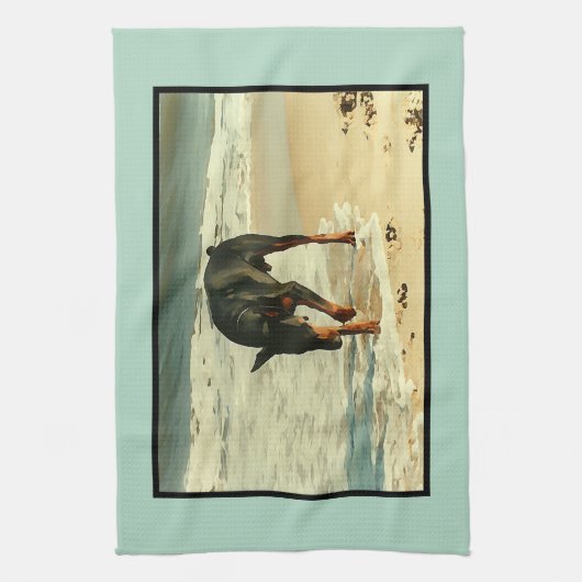 Dobermann am Strand-Malerei-Bild Geschirrtuch (Vertikal)