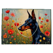 Dobermann auf einem Blumenfeld  Große Geschenktüte (Rückseite)