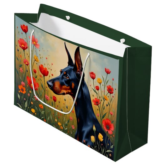 Dobermann auf einem Blumenfeld  Große Geschenktüte (Vorderseite Schrägansicht)