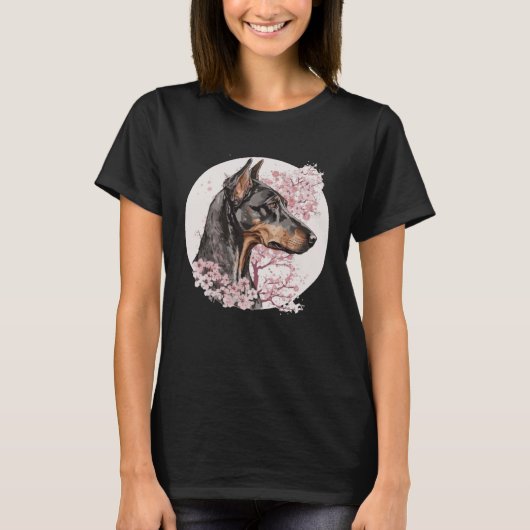 Dobermann Cherry Blossom Dog Breed Japanese Waterc T-Shirt (Vorderseite)