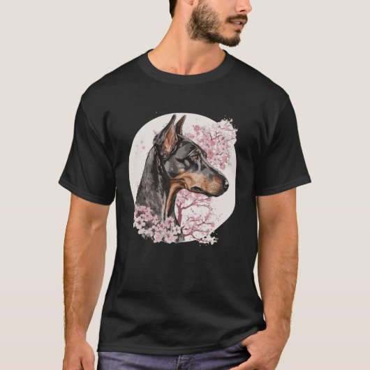 Dobermann Cherry Blossom Dog Breed Japanese Waterc T-Shirt (Vorderseite)