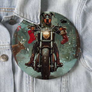 Dobermann fährt auf Motorrad Weihnachten Button