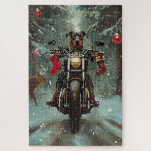 Dobermann fährt Motorrad Weihnachten Puzzle