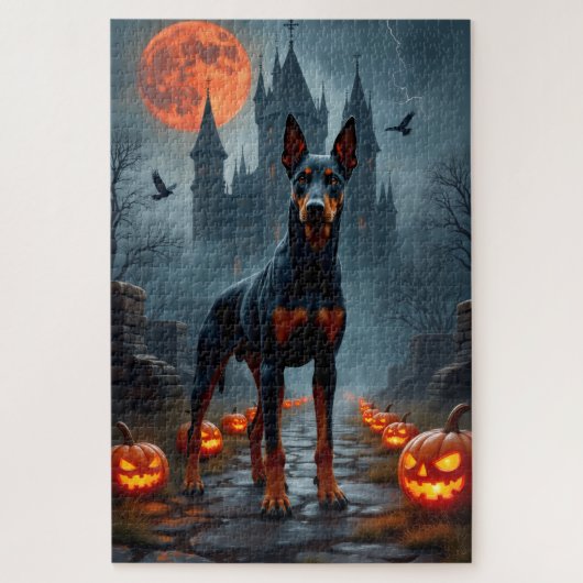 Dobermann-Gothic-Schloss-Halloween-Kunstwerk Puzzle (Vertikal)
