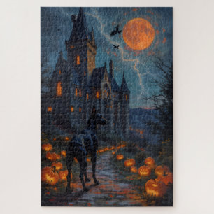 Dobermann-Gotik-Schloss-Halloween-Kunstwerk Puzzle