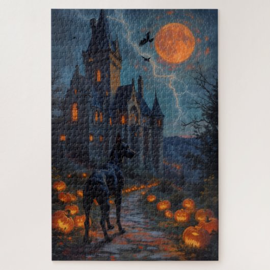 Dobermann-Gotik-Schloss-Halloween-Kunstwerk Puzzle (Vertikal)