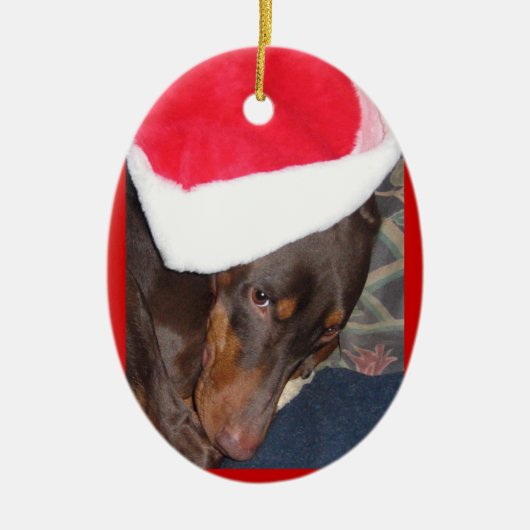Dobermann (Held) in der Weihnachtsmannmütze Keramik Ornament (Vorne)