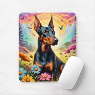 Dobermann-Hund, Blumen und Bergszene Mousepad