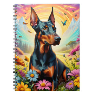 Dobermann-Hund, Blumen und Bergszene Notizblock