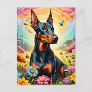 Dobermann-Hund, Blumen und Bergszene Postkarte
