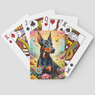 Dobermann-Hund, Blumen und Bergszene Spielkarten