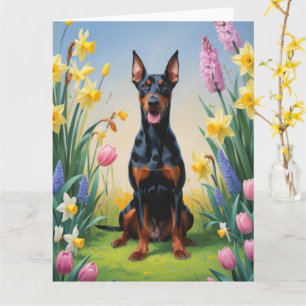 Dobermann-Hund-Frühlingsblumen-Gemälde Karte