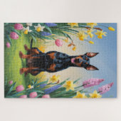 Dobermann-Hund Frühlingsblumen Malerei Puzzle (Horizontal)