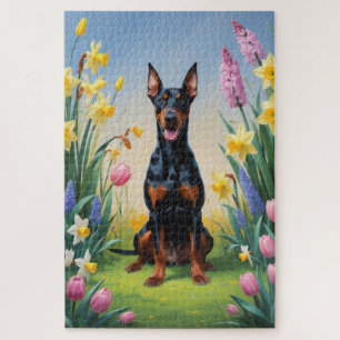Dobermann-Hund Frühlingsblumen Malerei Puzzle
