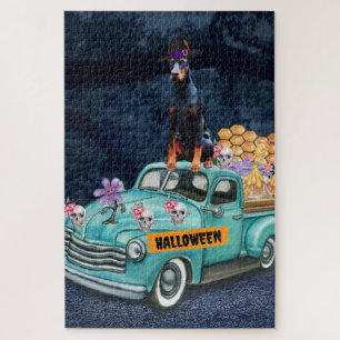 Dobermann-Hund Halloween-LKW Gruselige Nacht Puzzle