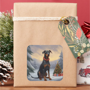Dobermann-Hund im Schnee Weihnachten Quadratischer Aufkleber