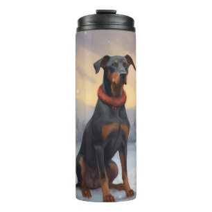 Dobermann-Hund im Schnee Weihnachten Thermosbecher
