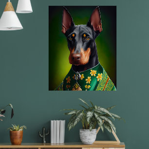 Dobermann-Hund im St. Patrick's Day-Kleid Poster