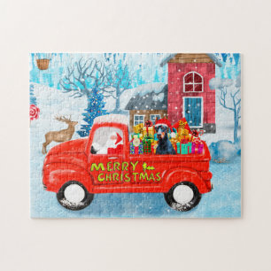 Dobermann-Hund im Weihnachtslieferwagen Schnee Puzzle