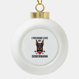 Dobermann Hund rote Herzen lieben_1 Keramik Kugel-Ornament