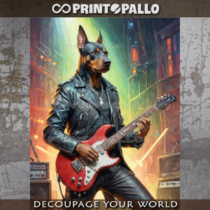 Dobermann-Hund spielt Gitarre auf einer Rock-Bühne Seidenpapier
