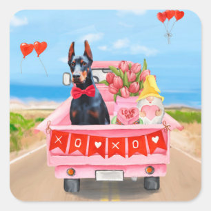 Dobermann-Hund Valentinstag Lastwagen Herzen Quadratischer Aufkleber