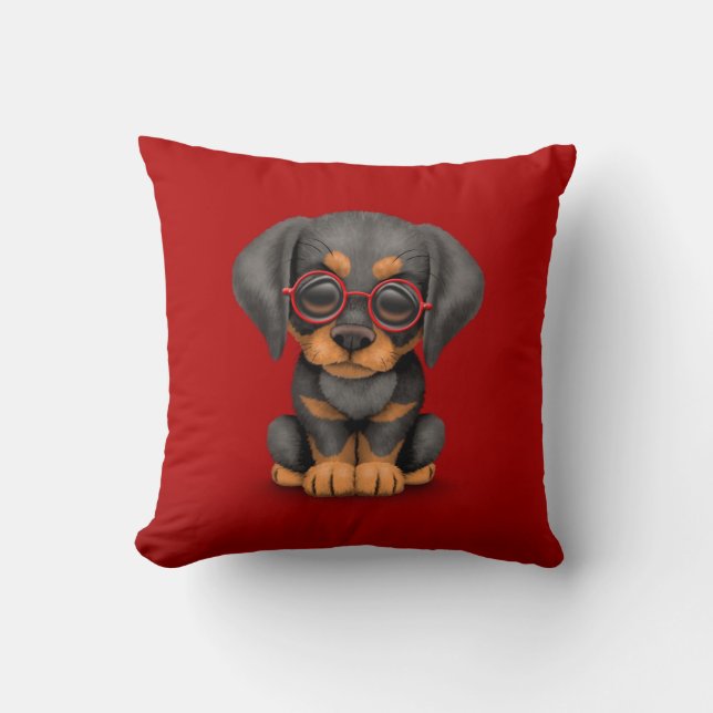 Dobermann-Hündchen mit den Lesegläsern, rot Kissen (Vorderseite)